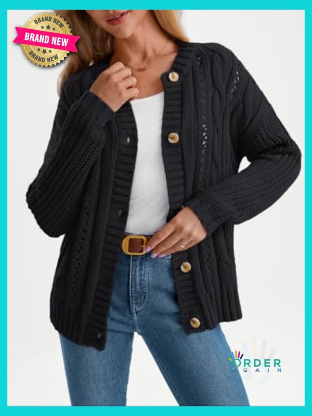 Cable Knit Crochet Cardigan Button Up Chunky Fall Jacket - Picture 2 of 5